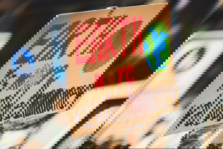 klimaatprotest bord met tekst: earth is more valuable than money